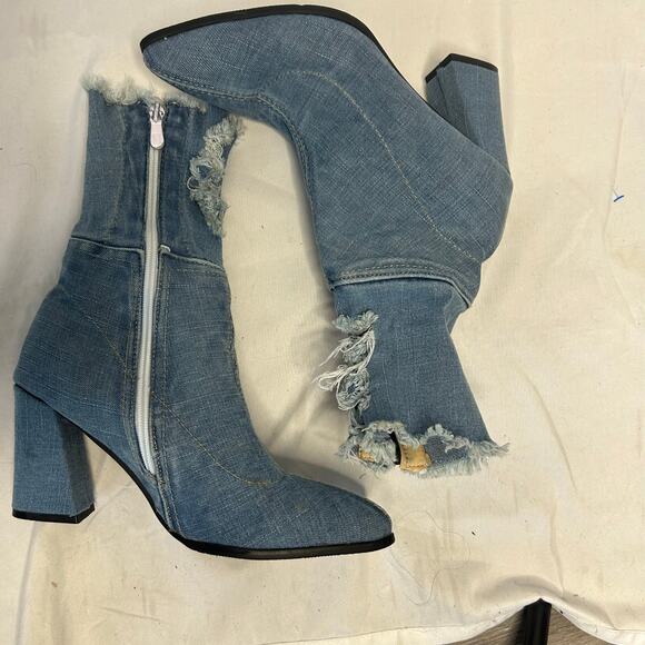 Y2K Denim Ankle Boots Distressed Frayed Pointed Toe Block Heel 38 - Picture 4 of 8